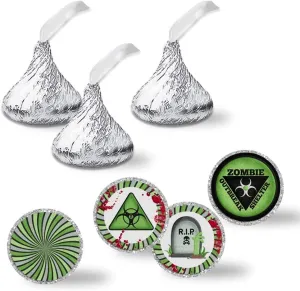 Zombie Outbreak Birthday Party Kiss Sticker Labels, 300 Party Circle Sticker Sized 0.75” for Chocolate Drop Kisses by AmandaCreation, Great for Party Favors, Envelope Seals & Goodie Bags